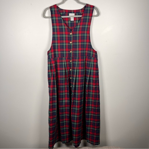 Vintage Dress Jumper Medium Red Plaid Pinafore 90s Y2K Cottagecore Holiday Midi - Picture 1 of 11